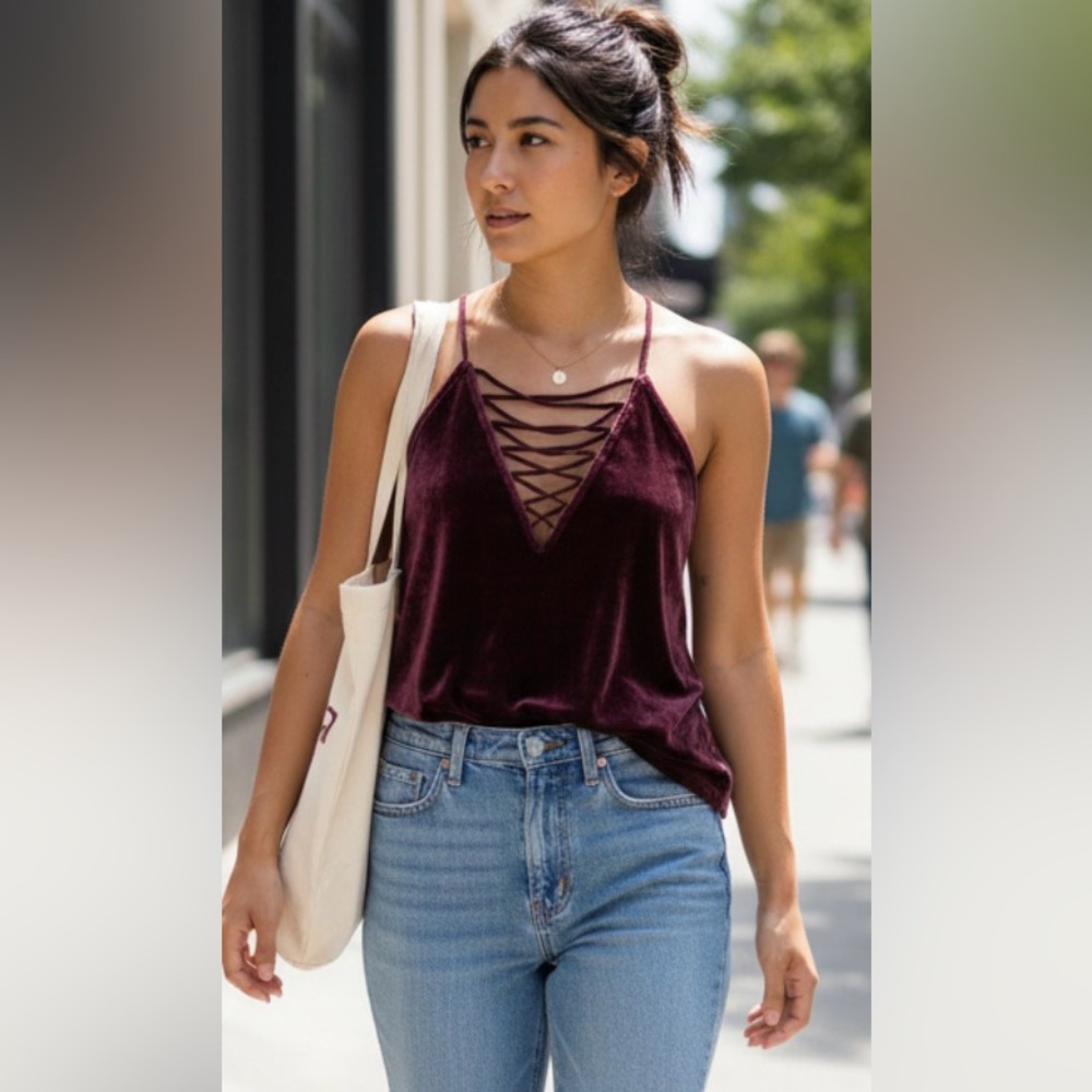 Express Top Womens Size L‎ Maroon Velvet Lace-Up Deep V Neck Racerback Y2K Cami